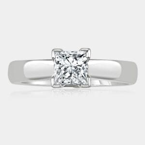 1.00 carat Princess cut solitaire diamond ring with v-claw setting in 18ct white gold.