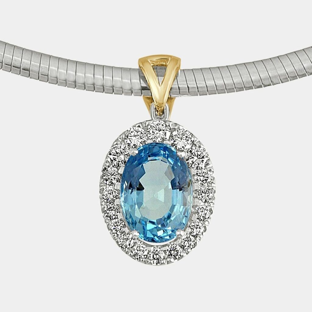 Oval Cut Aquamarine Pendant with Diamond Halo