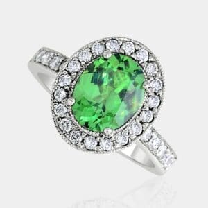 Oval Cut Green Tsavorite Garnet Ring with Diamond Halo