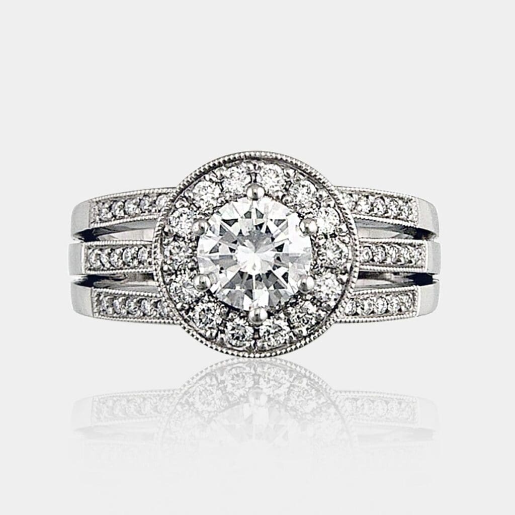 Erica Round Brilliant Cut Diamond Halo Ring with millgrain