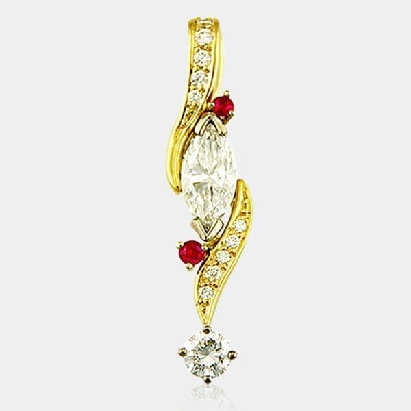 Jackie and Geoff Designer Pendant with Marquise Shape Diamond and Rubies