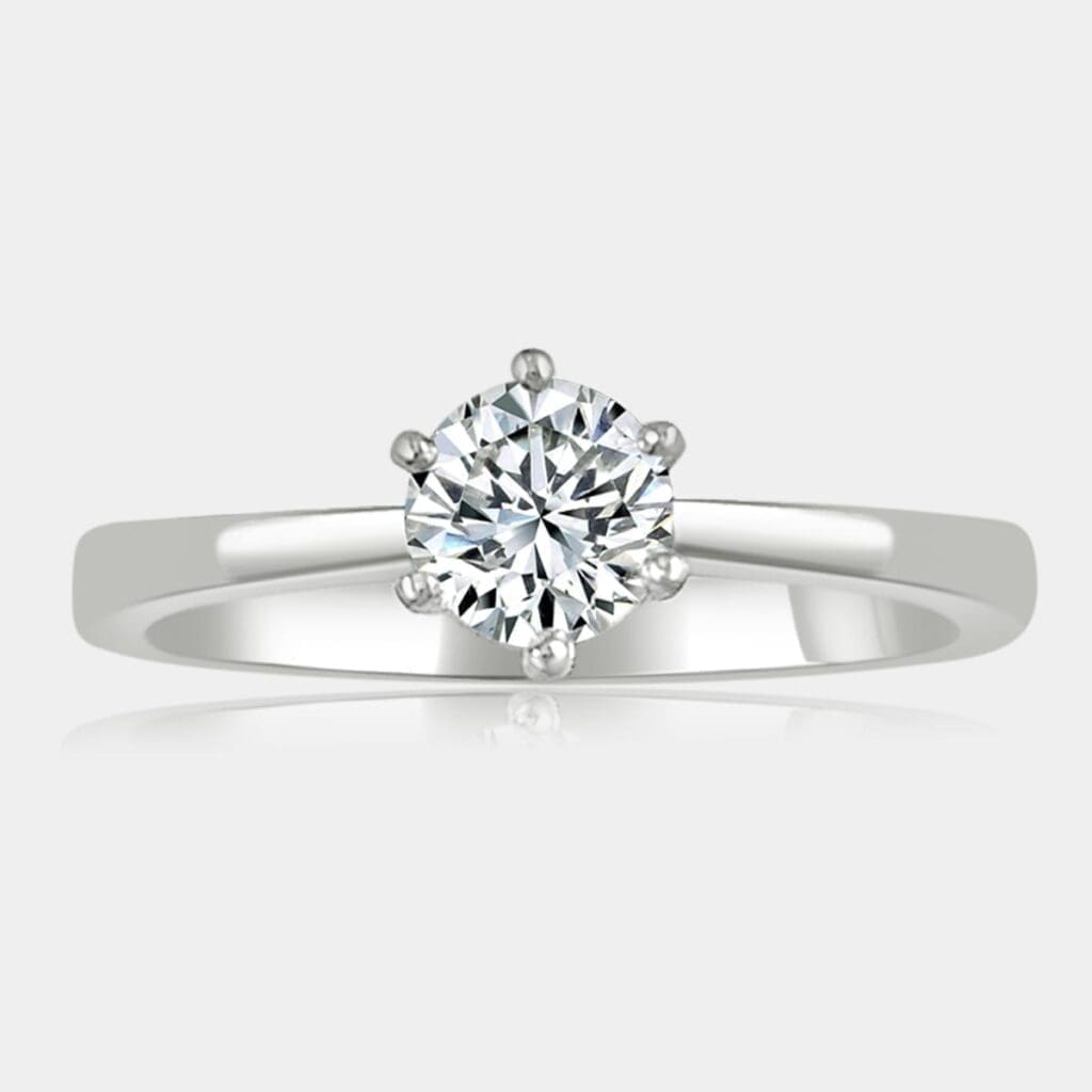 0.46 carat Round brilliant cut diamond ring in a 6 claw white gold setting.