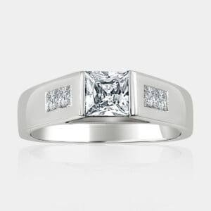 0.70 carat Princess cut diamond ring with princess cut diamond in the shoulders and square based band.